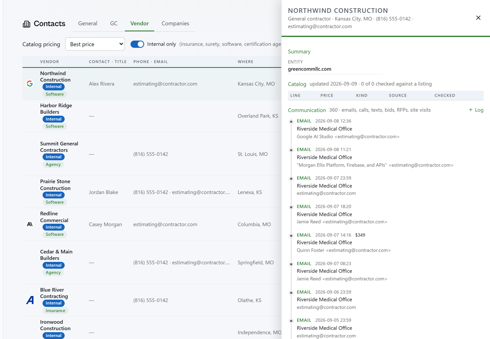 An internal vendor card with its entity summary