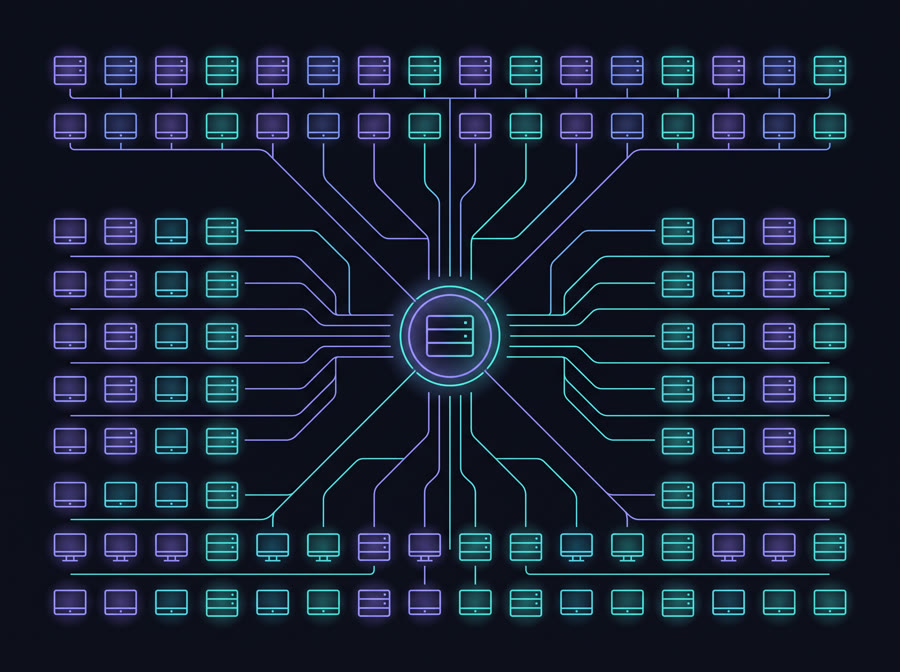 Illustration of a central hub connected to a grid of managed devices, representing fleet management