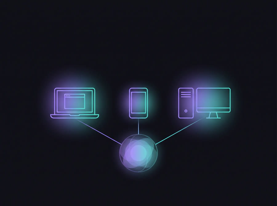 Illustration of a laptop, phone, and desktop connected to a shared central node, representing multi-platform apps