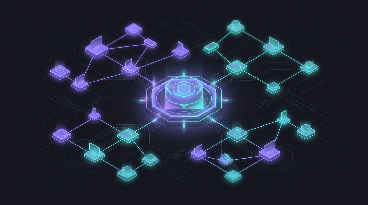 Abstract illustration of a central hub connecting a mesh of everyday computers into one shared AI system
